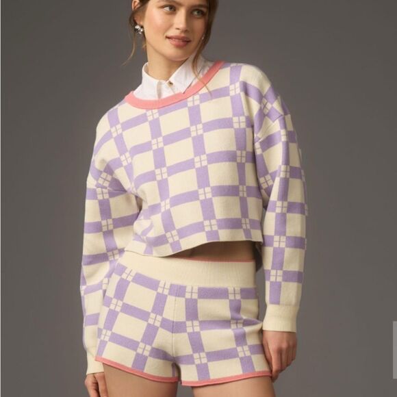 Anthropologie Daily Practice Plaid Purple & White Long-Sleeve Cropped Sweater M - Picture 3 of 9